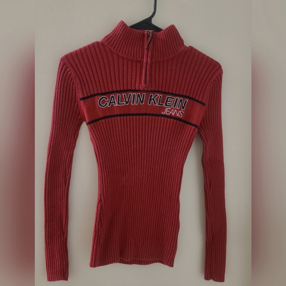Calvin Klein Red and Black Half Zip-Up Sweater